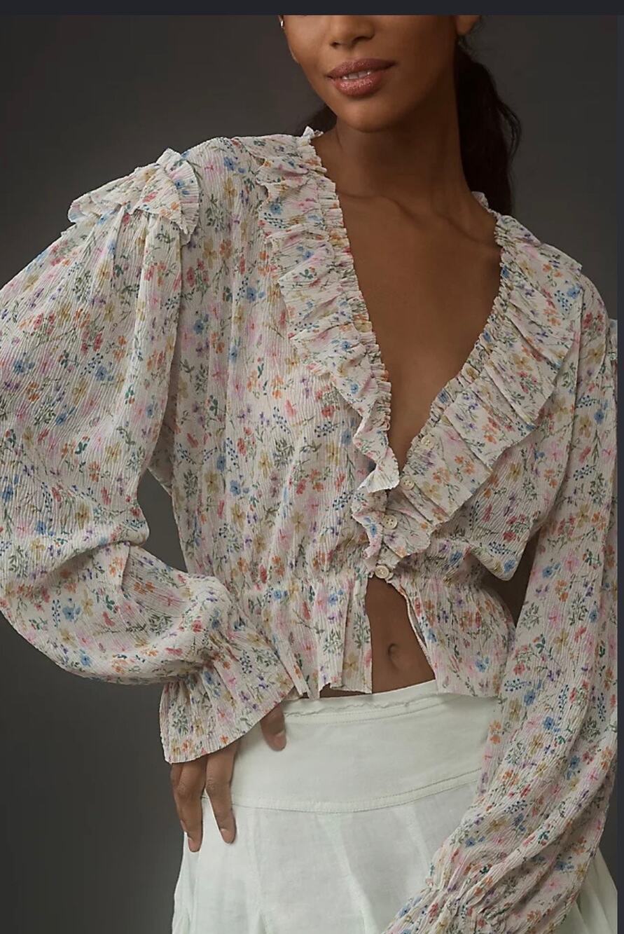 By Anthropologie Floral Long Sleeve Whimsical crop top Cottagecore Fairy XS